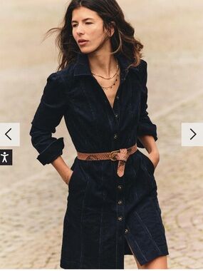 Boden Navy Button-Front Mini Dress with Tan Belt